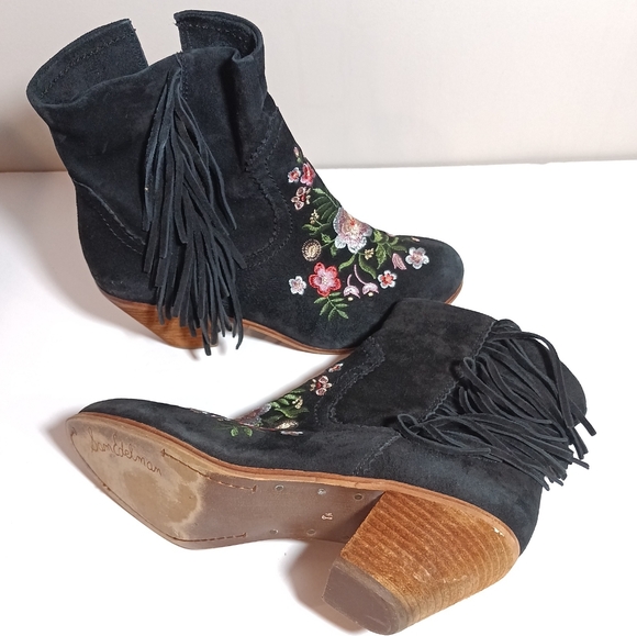Sam Edelman Letti Suede Leather Booties  Embroidered Flower Boots in Black 8.5 - Picture 1 of 8